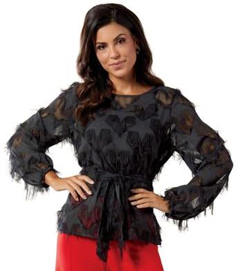 Masseys Textured Belted Blouse (Size Large) Black, Polyester