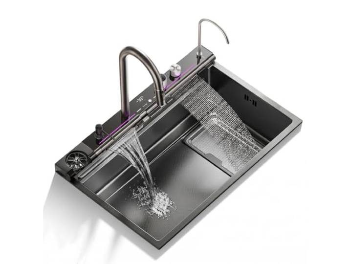 QORVANE Schwarze Spüle Küche - LED Wasserfall, X-Abfluss, Kratzfest(80x45) Rostfreier & hitzebeständiger Edelstahl. Mit Temperaturanzeige, Siphon-Set, Glasreiniger und integriertem Abfallsammler.