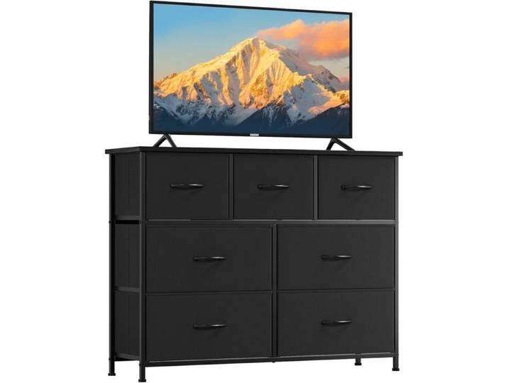 Commode 7 tiroirs tissu noir structure MDF rangement spacieux idéal chambre adulte ou enfant