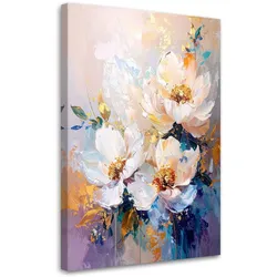 LEINWANDBILDER, Helle Blumen in einer pastellfarbenen Komposition mit Blau und Gold