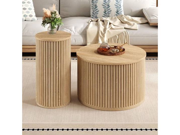 Table basse: table ronde double table d'appoint doté de lattes en bois naturel. Table de séjour multifonctionnelle