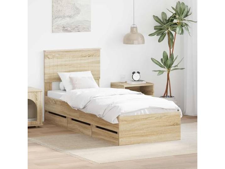 RJPLMFV Bettrahmen Sonoma-Eiche, 75 x 190 cm, Holz Mit versteckten Schubladen, festen Lamellen, quadratischen Füßen, diskreter Aufbewahrung, pflegeleicht