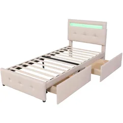 Polsterbett 90x200 mit LED-Beleuchtung, 2 Schubladen, gepolsterter Holzrahmen, Fernbedienung, klassisches Design, beige