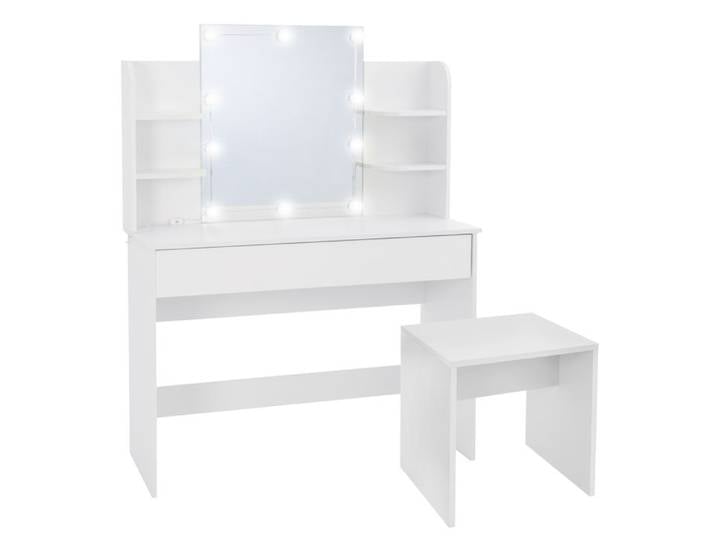 Coiffeuse de maquillage ECD Germany blanche avec miroir LED et tabouret 108x40x140 cm en bois MDF