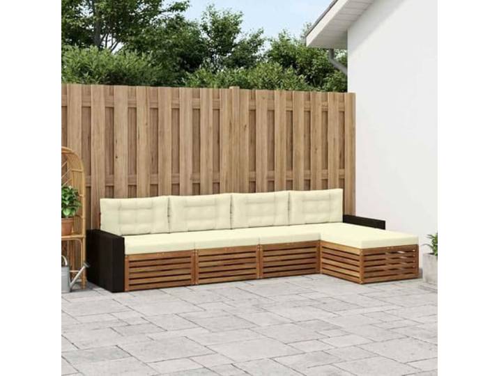 HFMDRMU Outdoor-Sofagarnitur mit Kissen 5-teilig, modulares Sofa aus massivem Akazienholz, Natur und Creme Polyester, Gartenmöbel Set für Terrasse und Garten