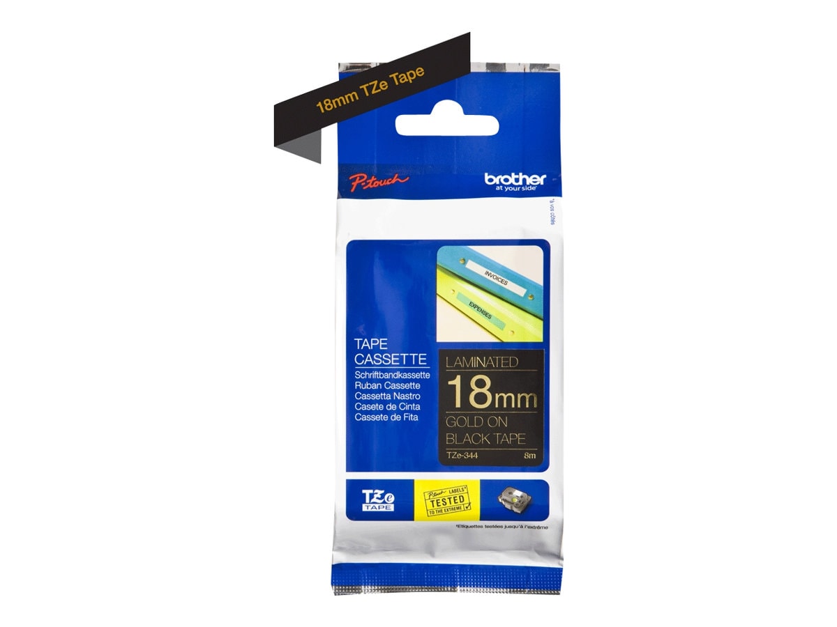 Brother TZe-344 Schriftband gold auf schwarz, 18mm x 8 m, selbstklebend