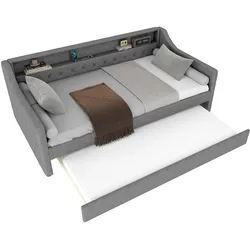 MODFU Schlafsofa 90x200 mit LED-Beleuchtung, USB-Anschluss, Ausziehbar und Lattenrost in Grau – Stilvolles Tagesbett