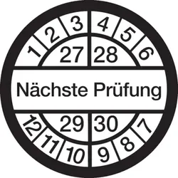 König Werbeanlagen Prüfplakette ab 27, Nächste Prüfung, weiß/schwarz, Ø 16 mm - Bogen = 10 Plaketten - 16 mm Dokumentenfolie selbstklebend
