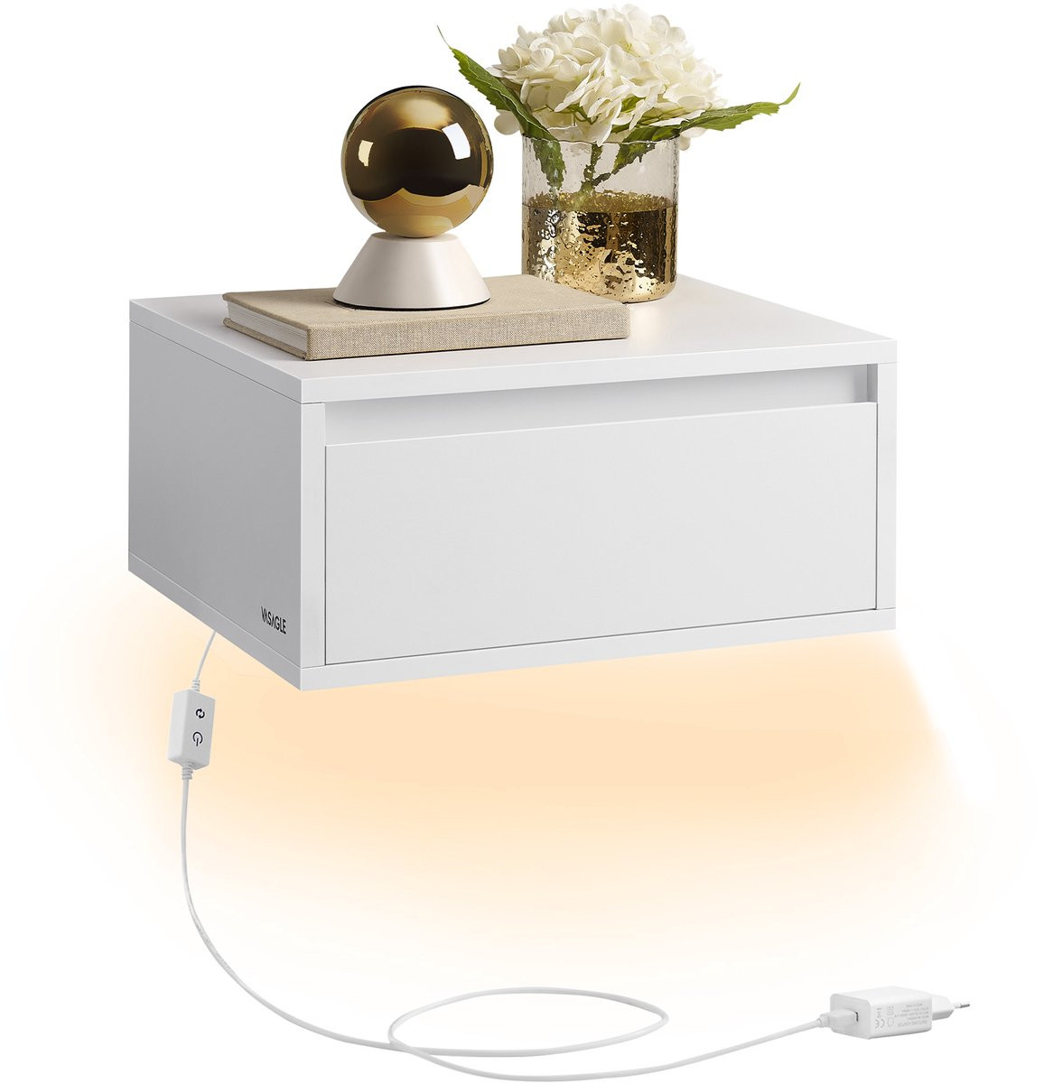 Vasagle Modern Nachtkastje met Wandplank, Lade en Geïntegreerde Verlichting met 3 Lichtkleuren