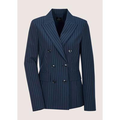 Jackenblazer MADELEINE "Blazer Longblazer mit Nadelstreifen", Damen, Gr. 36, blau (nachtblau, wollweiß), Obermaterial: 63% Polyester PES. 33% Viskose CV. 4% Elasthan EL., Modern, oversize, Blazer, Doppelt gesetzte Knopfleiste