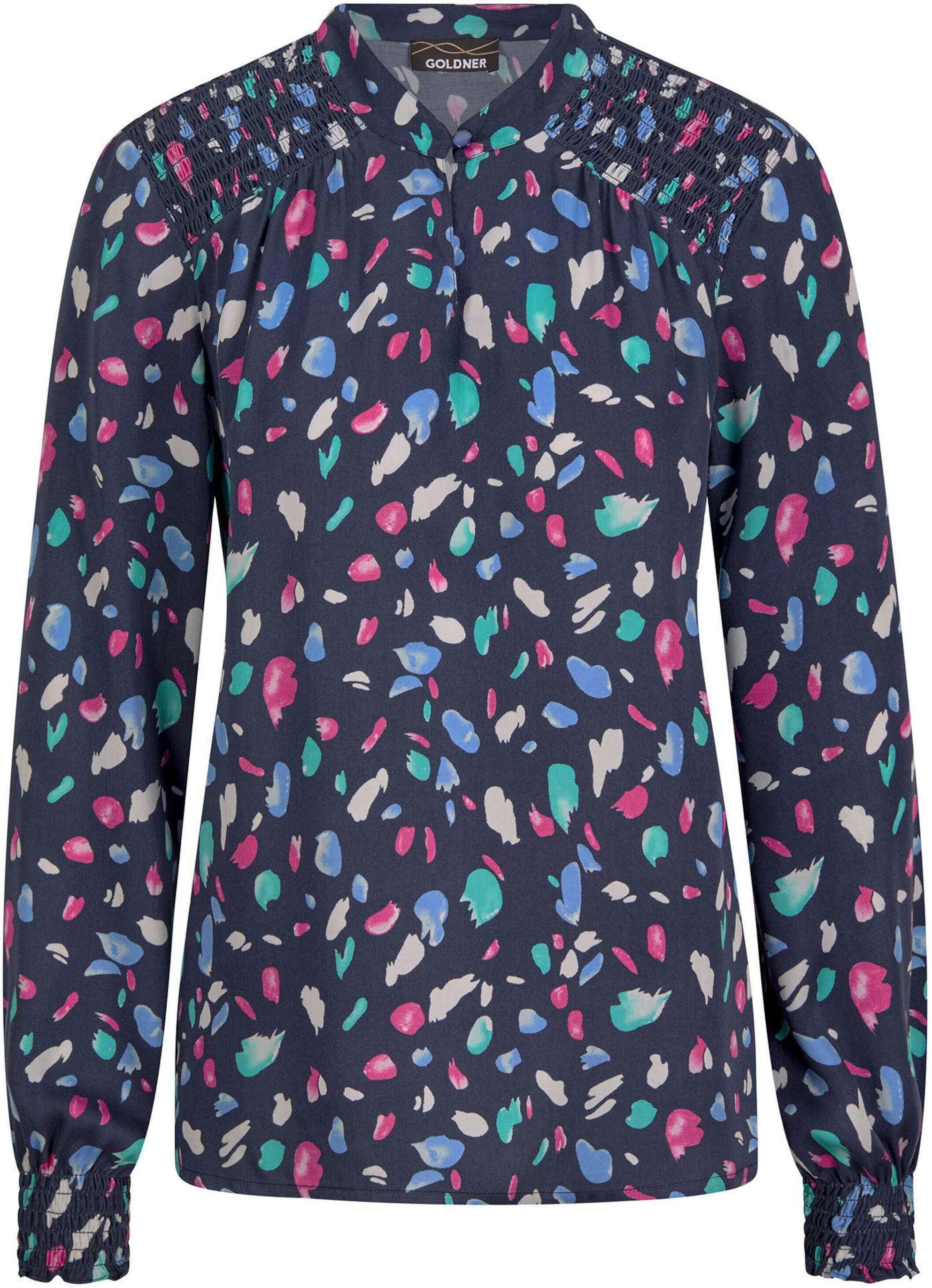 Klassische Bluse GOLDNER "Elegante Satinbluse mit Smok-Details", Damen, Gr. 46, blau (marine, smaragd, gemustert), Obermaterial: 100% Viskose CV., Modisch, Blusen Klassische Bluse, Smok-Details