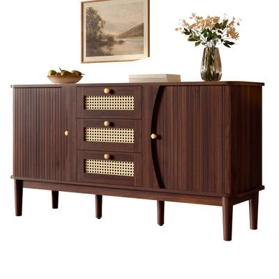 Merax Sideboard 141 x 40 x 77 cm mit Rattanschubladen, Schiebetüren, verstellbaren Einlegeböden und abgerundeter Platte, Nussbaumoptik