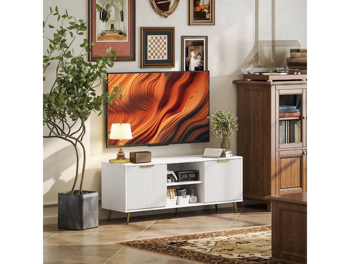 HOMCOM Meuble TV Moderne 55 Blanc 2 Armoires 2 Étagères Salon
