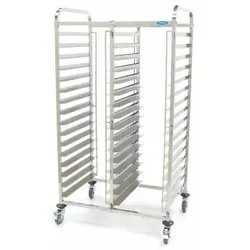Edelstahl-Blechwagen für 32 Bakerynorm 60x40cm Backbleche, robuste Konstruktion mit gebremsten Rädern und Transportgriff | Maxima