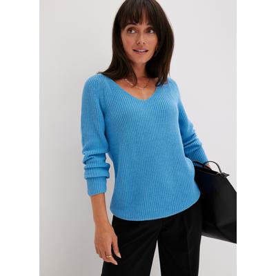 Strickpullover BONPRIX "Gerippter Pullover aus reiner Baumwolle", Damen, Gr. 52/54 (XXL), blau (brilliantblau), Strick, Obermaterial: 100% Baumwolle, unifarben, lässig geschnitten normal, V-Ausschnitt, gerader Abschluss, Pullover Strickpullover, aus...
