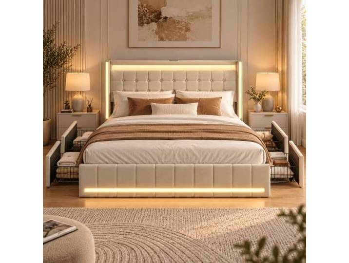 DULRLLY Polsterbett 140x200 mit 4 Schubladen, LED und USB-Ladefunktion Doppelbett mit Stauraum, Steckdose, RGB-LED Kopfteil - & Fußteil, Jugendbett Bettgestell mit Lattenrost für Schlafzimmer