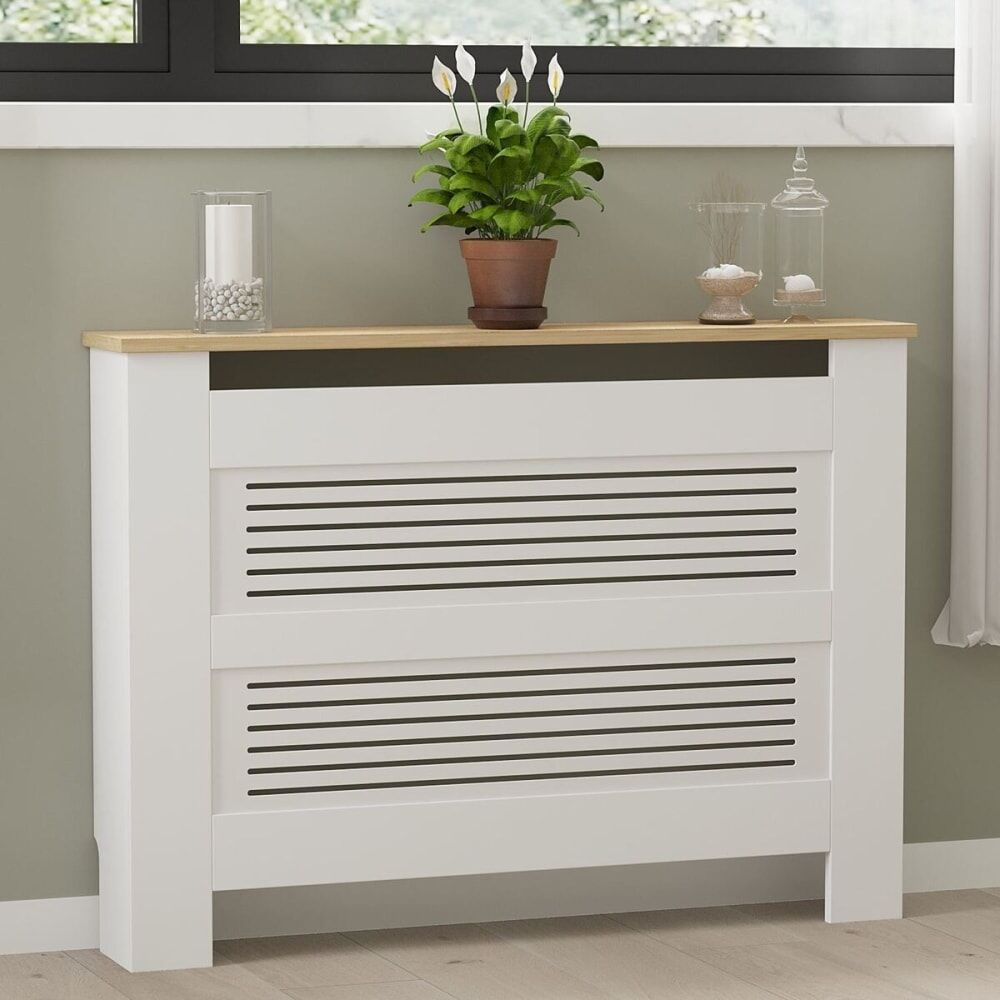 Calicosy Meuble cache radiateur l112 cm - chêne et blanc Marron 112x82x19cm