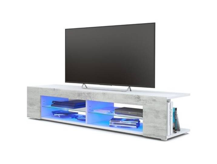 Vladon Meuble TV Movie en Blanc mat - Aspect Béton Oxyde avec LED en Bleu