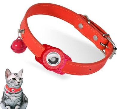 Inspired Deals AirTag Waterproof Pet Collar With Leather Holder Anti Lost GPS Tracker Collar For Cats & Small Dogs red