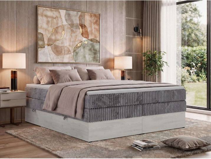 MKS MÖBEL Boxspringbett NORDIC ZERO KING (Boxbett mit dekorativen Holzelementen, kopfteillos, inklusive Multipocket-Matratze, 2 integrierte Bettkästen), Härtegrad H3/H4, wahlweise mit T25- oder Visco-Topper