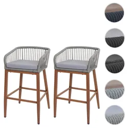 2er-Set Rope-Barhocker HWC-O22, Outdoor Sitzpolster Seilgeflecht Metall Holz-Optik ~ hellgrau, Kissen hellgrau