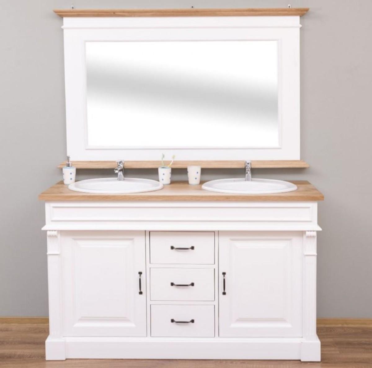 Casa Padrino Landhausstil Badezimmer Set Weiß / Naturfarben - 1 Doppelwaschtisch & 1 Wandspiegel - Massivholz Badezimmermöbel im Landhausstil