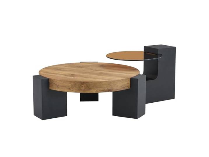 Vexelus Zweistufiges Couchtisch‑Set MDF Holzoptik + braunes Glas, zerlegbar als Couchtisch oder Zwei Beistelltische