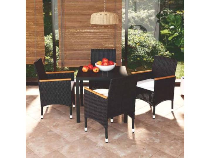 HEFZGDB 5-TLG. Garten-Essgruppe mit Kissen aus PE-Rattan und Akazienholz-Armlehnen in Schwarz, Outdoor Esstischgruppe mit WPC-Tischplatte und Alurahmen für Terrasse Balkon Garten,