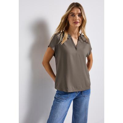 Kurzarmbluse STREET ONE, Damen, Gr. 34, beige (schwarz tumbled beige), Web, Obermaterial: 100% Viskose, unifarben, lässig geschnitten hüftbedeckend, Rundhals, Blusen, Split Neck