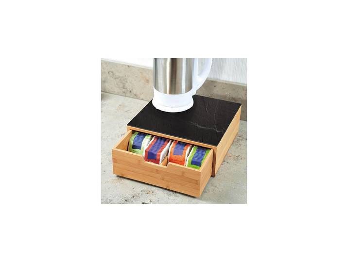 Teebox KESPER Schubladenbox , braun (holzfarben, schwarz), B:30cm H:9,5cm L:31cm, Bambus, Glas, Lebensmittelaufbewahrungsbehälter, Teebox, für Kaffeekapseln oder Teebeutel