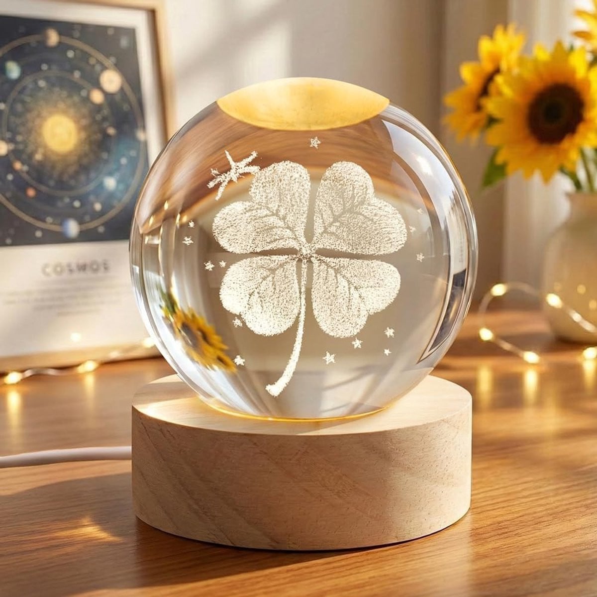 Decoratieve 3D Kristallen Bol met Houten Voet en Verlichting, Geluksklaver Design voor Tafeldecoratie