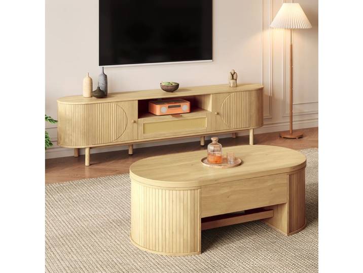 MEULVA Ensemble meubles de salon avec table basse relevable et meuble TV 175 cm avec 1 tirois et 2 portes naturel