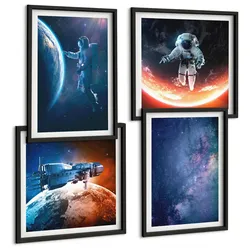 BILDER SET 4er Set - 50x50 cm & 40x60 cm Schwarzer Rahmen - Weltraum-Astronauten-Sterne