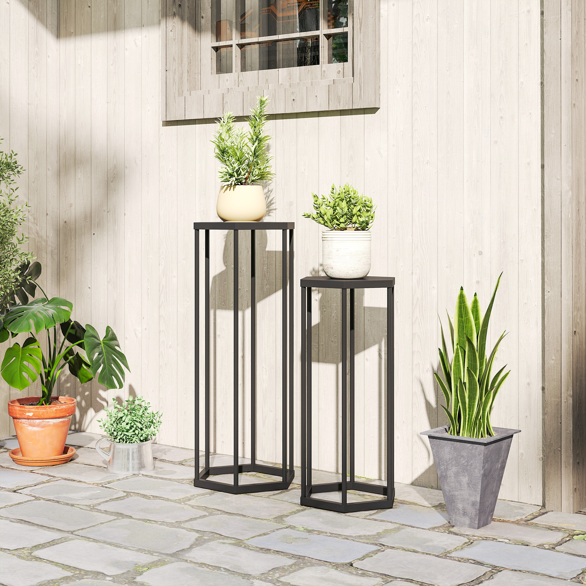 Outsunny Set da 2 supporti per piante per interno ed esterno, portavaso esagonali in metallo per giardino, terrazza, balcone   Aosom Italy
