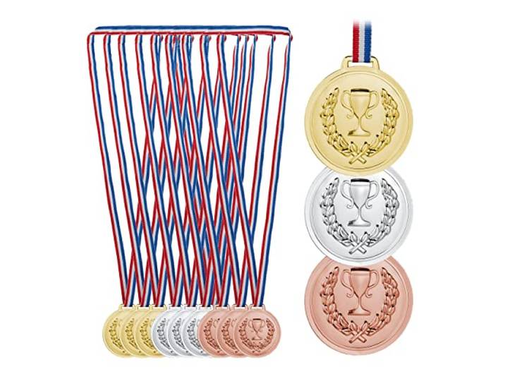 Relaxdays medailles voor kinderen, set van 12, Ø 6 cm, plastic, met lint, kindermedaille, sportdag, goud, zilver, brons