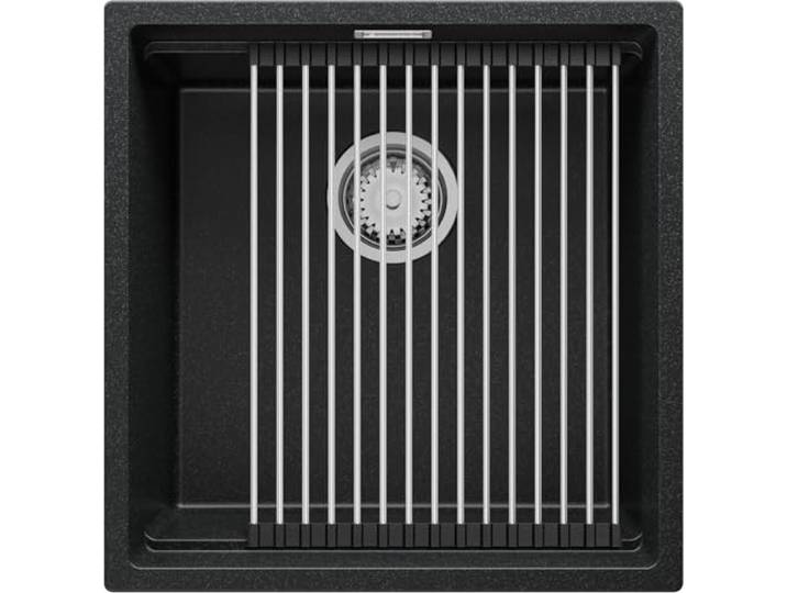 PRIMAGRAN Unterbauspüle ab 50er Unterschrank + Ablauf-Set, 46x47cm Set: Ablauf-Set (Siphon, Ablaufgarnitur, Überlauf) + Abtropfmatte + Spülbecken 1 Becken - Prag Level, Anthrazit