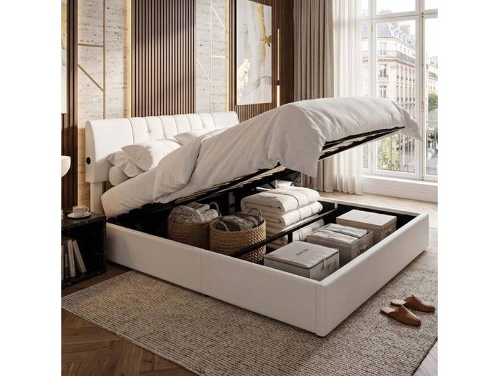 Lit rembourré 140x190cm - Éléments Port USB des Deux Côtés - Tête de Lit Rembourrée Bouclette Blanc Cassé - Sommier Inclus