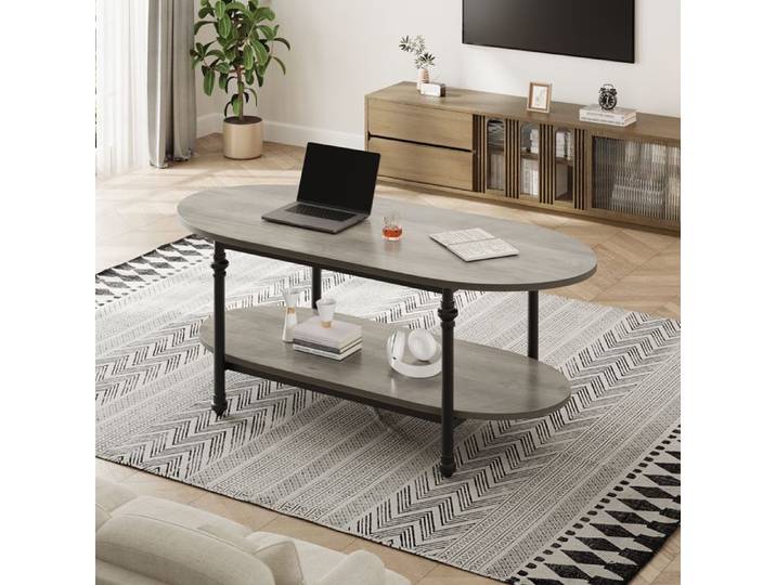 JOLLYTOP Table basse ovale 2 niveaux bois – vintage – Pieds métal style colonne romaine – Étagère ouverte spacieuse – gris