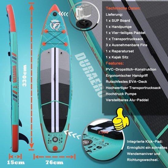 Aufblasbares SUP-Board, Himmelblau - 330x76x15 cm - 14 kg - Aluminiumlegierung - Für alle Könnensstufen - Stand-Up-Paddleboard