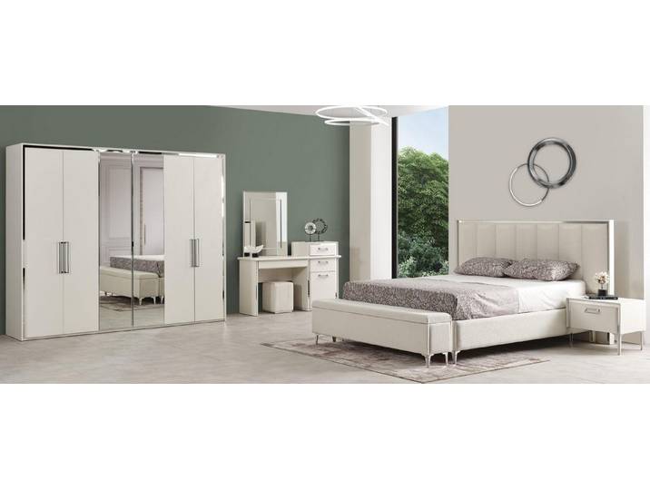 JVmoebel Schlafzimmer-Set Weißes Schlafzimmer Set Bettrahmen Kopfteil Kleiderschrank, (Schlafzimmer-Set, 4-tlg., 4-tlg)