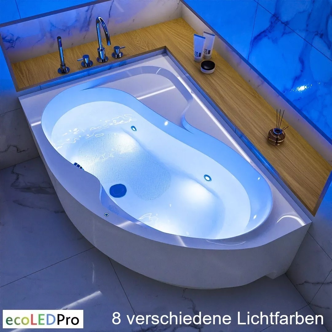 ECOLAM Badewanne LED Beleuchtung WELA 160x100 cm LINKS | Eckwanne Antirutsch Beschichtung | Unterwasserbeleuchtung 8 Farben | Schürze Ablaufgarnitur