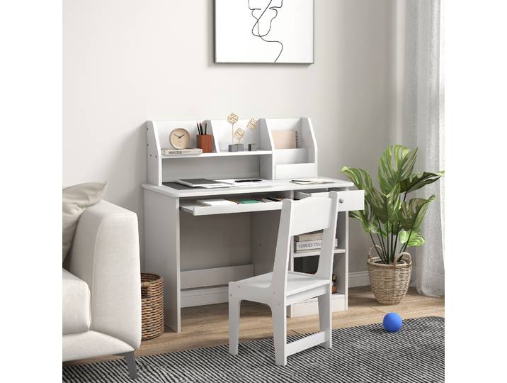 ZONEKIZ Bureau+Chaise Enfant 5-8 ans Rangements Blanc