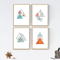 POSTER Set mit 4 Geometrische Nordischer Dreiecken im Orange und Blautönen A4 Rahmenlos