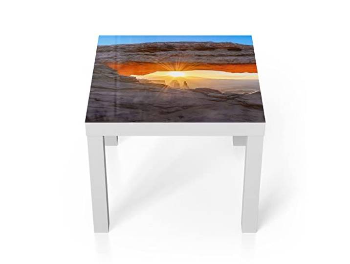 DEQORI Glastisch weiß klein 55x55 cm Motiv Felsbogen im Morgenlicht ausgefallener Beistelltisch aus Glas Hochglanz Couchtisch fürs Wohnzimmer moderner Couch Tisch mit Design