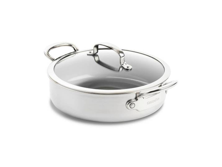 GreenPan Schmorpfanne Premiere, Grau Hochglanz, Metall, Glas, 3.8 L, rund, PTFE-frei, Kochen, Pfannen, Bratpfannen
