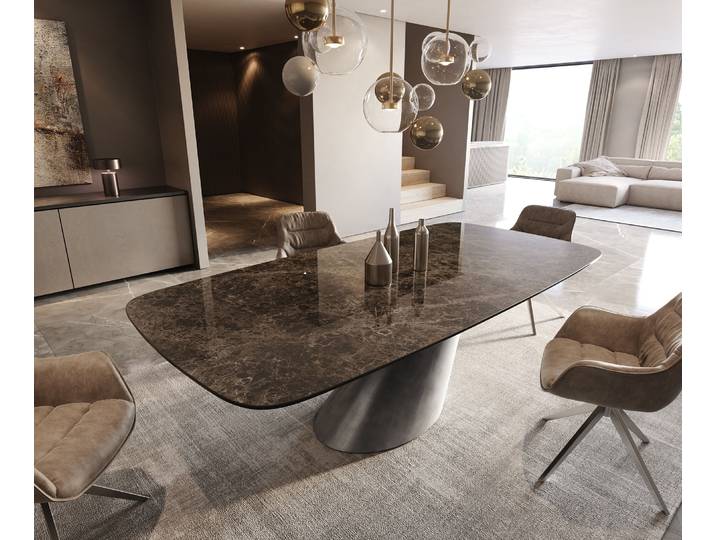 Esstisch Edge Boot 240x120 Keramik Emperador Extra Lucidato Dunkelbraun Cono Metallic Silber, Esstische