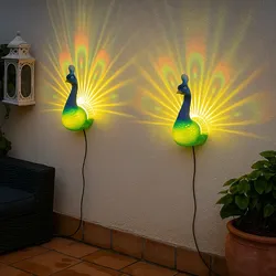 Solarlampe Pfau Außen Wandleuchte Figuren Solarleuchte Farbwechsler, IP44 Akku, bunt Wandmontage, RGB LED, LxBxH 12x8,5x20cm, 2er Set