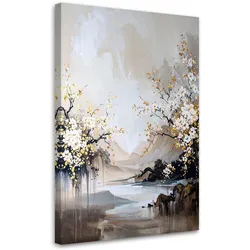 WANDBILD, Japanische Landschaft Kirschblüten beige