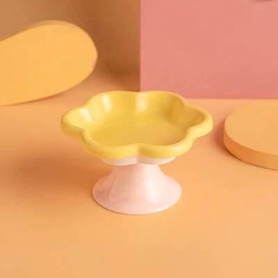 Inspired Living BloomLift Elevated Cat Bowl Ceramic Raised Cat Food Bowl With Flower Stand For Whisker Friendly Feeding yellow
