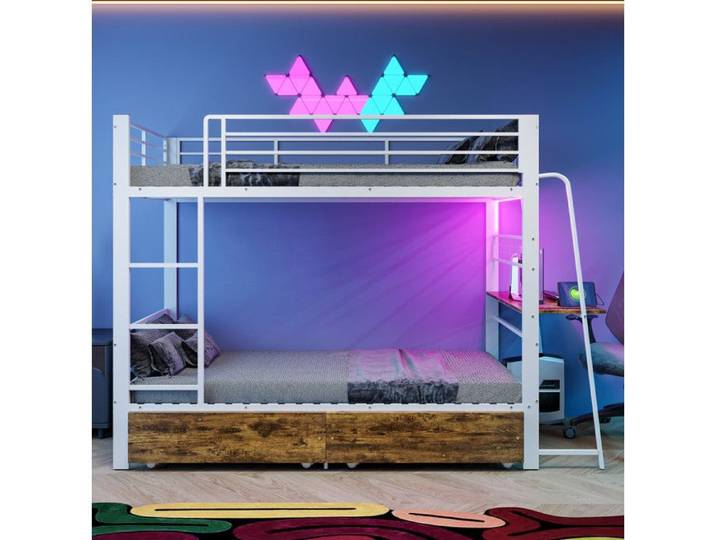 NuvlaGu - Lit superposé 90x200cm lit double avec bureau intégré éclairage LED et tiroirs de rangement lit adolescent - Blanc